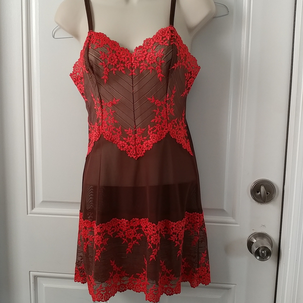 Wacoal Lingerie Brown See Thru Net Chemise Nightgown w/ Orange Lace Embroidery M